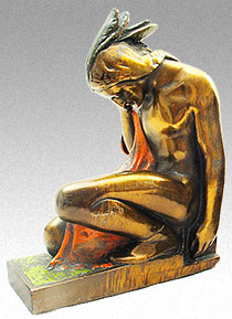 Art Deco 1920s bronze-clad bookend, Pompeian Bronze Company, 'Kneeling Indian', 'Sunset Devotion', (view 2)