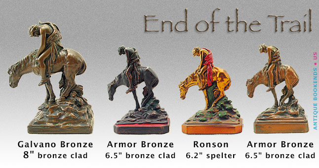 End of the Trail bookends, Four different versions, including BIG 8-inch bronze-clad by Galvano Bronze Co., 6.5-inch bronze-clad by Armor Bronze Co., and 6-inch in spelter by Ronson.