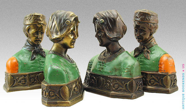 Illustration photo: Comparison of different patina on same model bookends, here shown are two-pair of Dutch Couple, Pompeian Bronze, made in the 1920s.